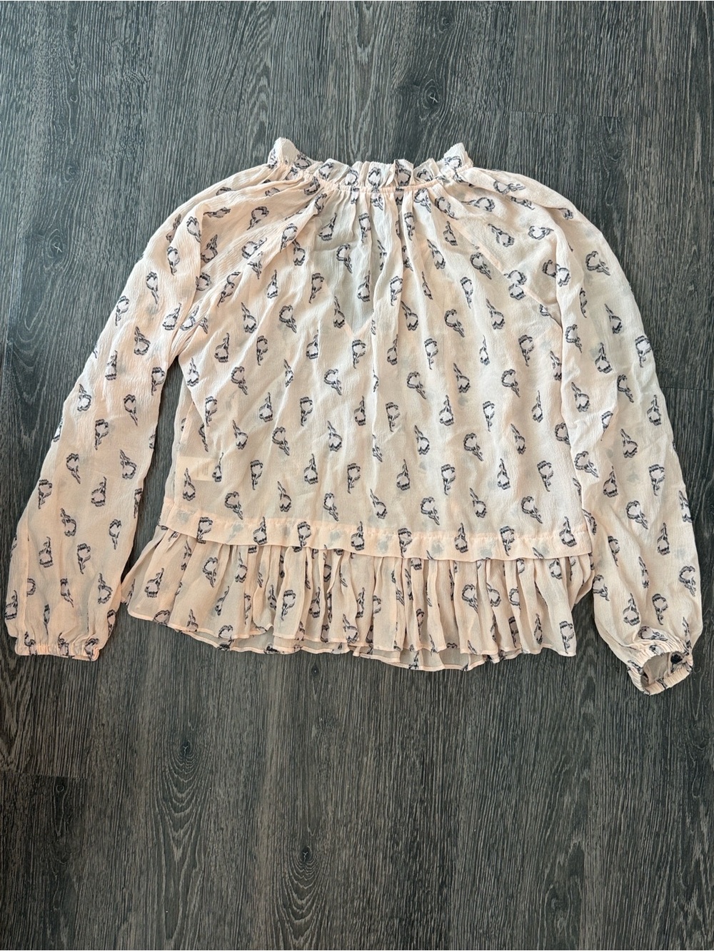 Rebecca Taylor Peach and Black Printed Ruffle-Hem Blouse